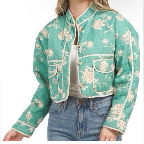 7 For All Mankind Jackets & Blazers - 7 For All Mankind Quilted Crop Floral Print Jacket Jade Green
